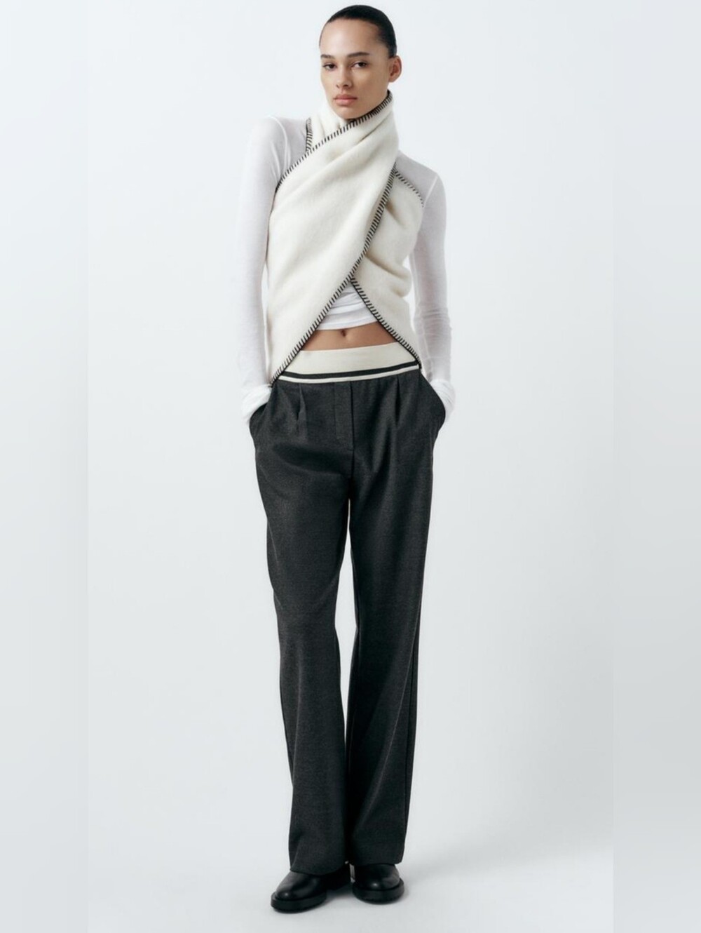 Zara - Tailored Wool High-Waist Wide-Leg Pants in Charcoal Gray